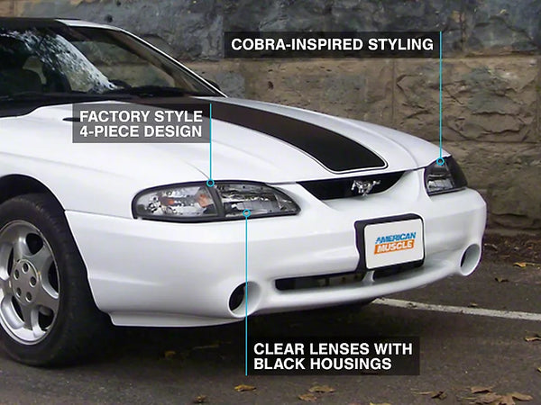 Raxiom 1994 - 1998 Mustang Axial Series Cobra Style Headlights- Black Housing (Clear Lens)