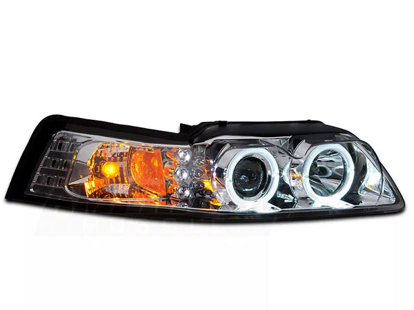 Raxiom 1999 - 2004 Ford Mustang Dual LED Halo Projector Headlights- Chrome Housing (Clear Lens)