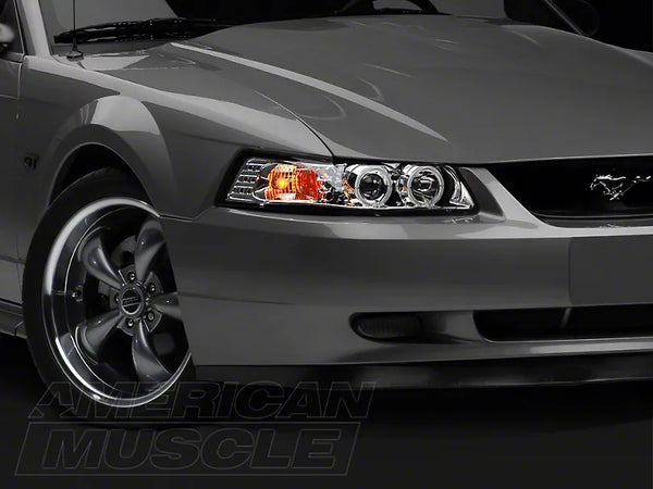 Raxiom 1999 - 2004 Ford Mustang Dual LED Halo Projector Headlights- Chrome Housing (Clear Lens)