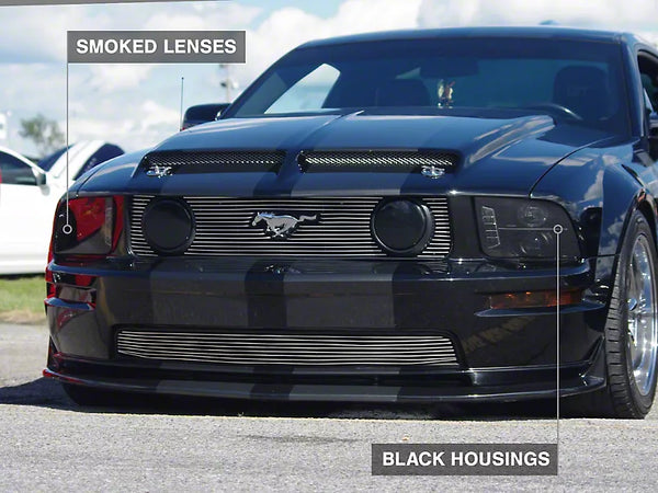 Raxiom 2005 - 2009 Ford Mustang w/ Halogen LED Halo Projector Headlights- Black Housing (Smoked Lens Exclude GT500)