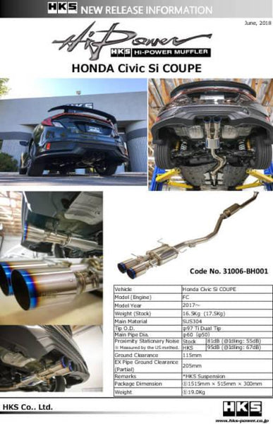 HKS Hi-Power Cat-Back Exhaust | 2017-2021 Honda Civic Si Coupe - GUMOTORSPORT