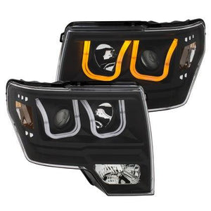 ANZO 2009-2014 Ford F-150 Projector Headlights w/ U-Bar Switchback Black w/ Amber - GUMOTORSPORT