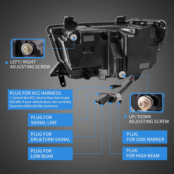 VLAND Projector Led Headlights Toyota Tundra 2007-2013 / Sequoia 2008-2021 w/Sequential Turn Signal, DRL w/ Dynamic Animation Black Trim Panels
