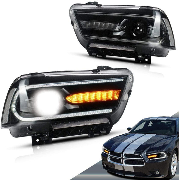 VLAND Dual Beam Headlights for Dodge Charger 2011 2012 2013 2014 (Full LED DRL Bars and Amber Sequential) - GUMOTORSPORT