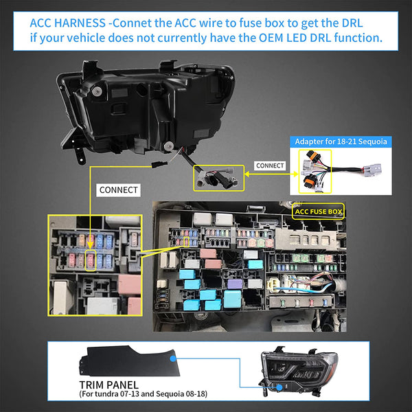 VLAND Projector Led Headlights Toyota Tundra 2007-2013 / Sequoia 2008-2021 w/Sequential Turn Signal, DRL w/ Dynamic Animation Black Trim Panels