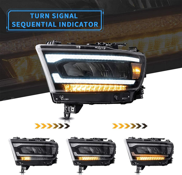 VLAND LED Sequential Headlights Compatible with 2019 2020 2021 Dodge Ram 1500 Tradesman, Bighorn, Laramie, Rebel( Does not FIT Classic and TRX) - GUMOTORSPORT
