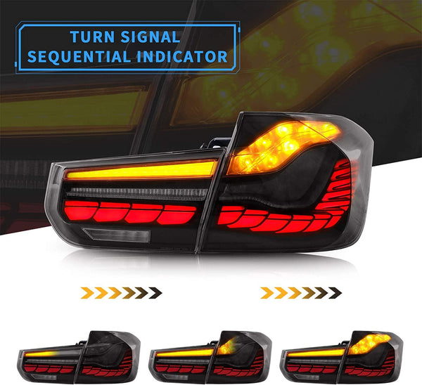 VLAND OLED Tail Lights for BMW 3-Series F30 F35 F80 6th Sedan 2012-2019 with Sequential Turn Signals and Dynamic Activate Lighting (Clear Dragon Scales Styles) - GUMOTORSPORT