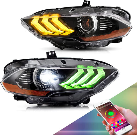 VLAND RGBW Led Headlights 2018 - 2020 Ford Mustang w/Sequential Turn Signal w/Multicolor DRL