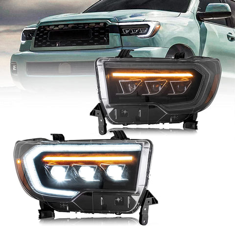 VLAND Projector Led Headlights Toyota Tundra 2007-2013 / Sequoia 2008-2021 w/Sequential Turn Signal, DRL w/ Dynamic Animation Black Trim Panels