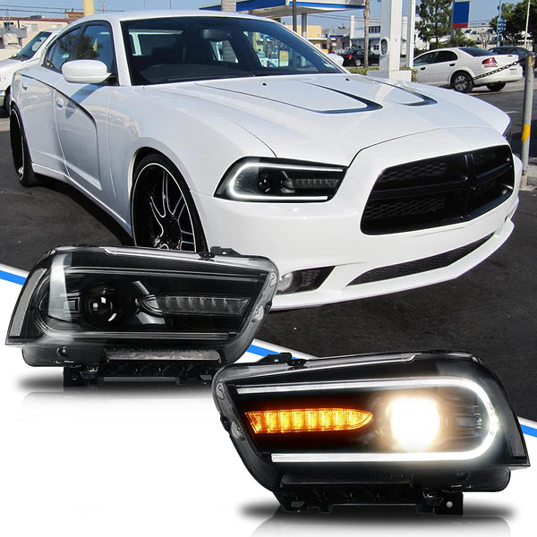 VLAND Dual Beam Headlights for Dodge Charger 2011 - 2014 (Full LED DRL Bars and Amber Sequential)