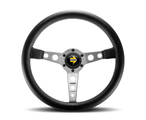 Momo Prototipo Steering Wheel 350 mm - Black Leather/Wht Stitch/Brshd Spokes - GUMOTORSPORT