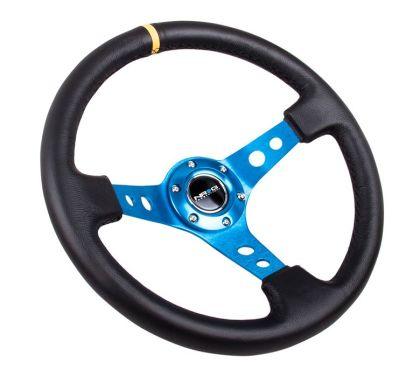 NRG Innovations RST-006BL-Y Reinforced Steering Wheel (350mm Sport Steering Wheel (3" Deep) - Blue Spokewith Round holes / Black Leather) - GUMOTORSPORT