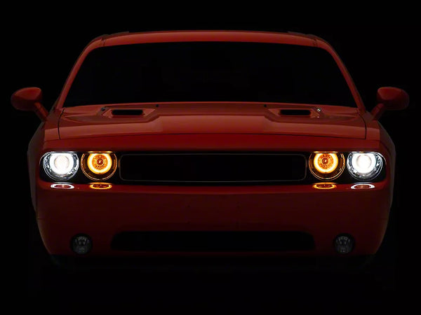 Raxiom 2008 - 2014 Dodge Challenger Dual LED Halo Projector Headlights- Black Housing (Clear Lens)