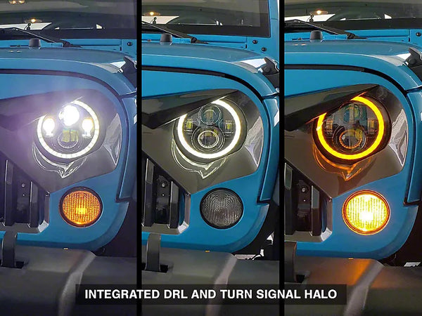 Raxiom 1997 - 2018 Jeep Wrangler TJ/JK Axial Halo Headlights w/ DRL Amber Signals- Blk Hsng (Clear Lens)