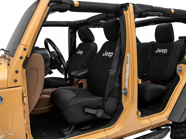 Officially Licensed Jeep 2013 - 2018 Wrangler JK 4Door Custom Front Rear Seat Covers w/ Jeep Logo-Black