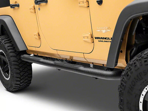 Officially Licensed Jeep 2007 - 2018 Wrangler JK 4Dr 3In Round Curved Side Step Bars w/ Jeep Logo-Txt Blk
