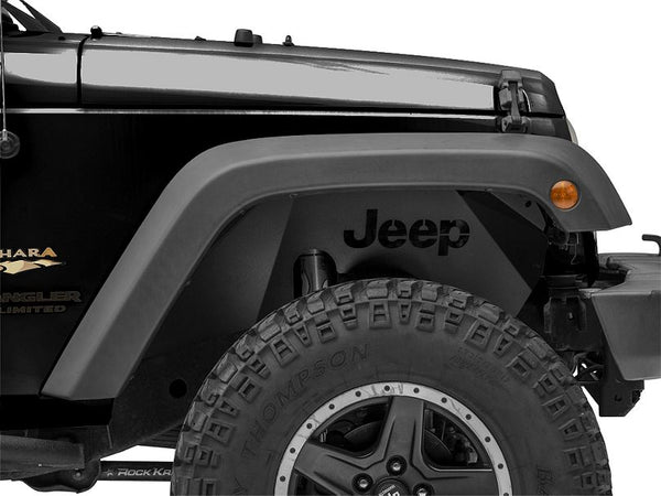 Officially Licensed Jeep  2007 - 2018 Wrangler JK Aluminum Inner Fender Liners w/ Jeep Logo- Front-Txt Blk