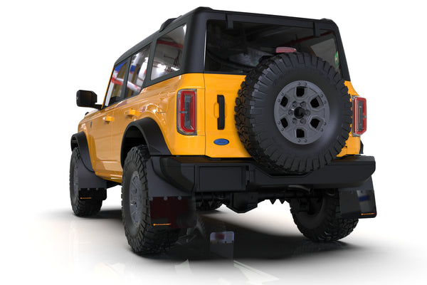 Rally Armor 2021 + Ford Bronco (Plstc Bmpr + RR - NO Rptr/Sprt) Blk Mud Flap w/Cy Orange Logo