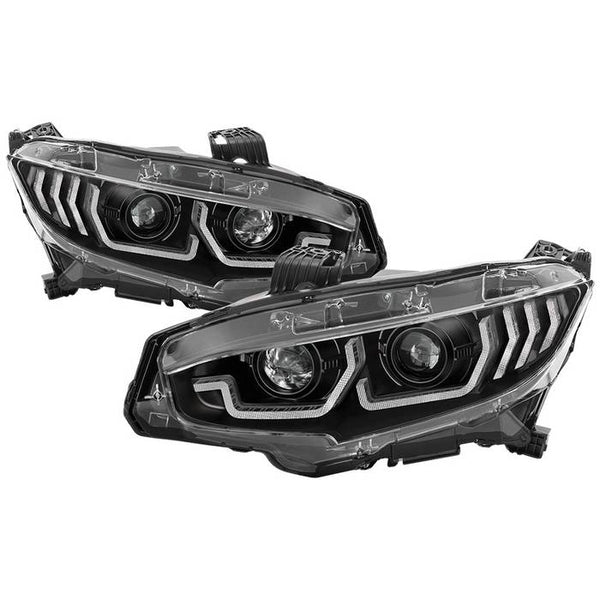 Spyder 2016 - 2020 Honda Civic 2DR/4Dr w/LED Seq Turn Sig Lights Proj Headlight - Black - PRO-YD-HC16-SEQ-BK