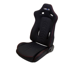 NRG Sport Seats (Pair) Cloth w/NRG Logo & NRG Arrow Cushion Imprint - Black w/Red Stitch - GUMOTORSPORT