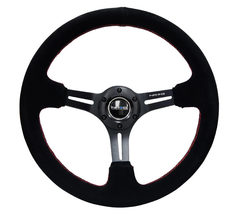 NRG Reinforced Steering Wheel (350mm / 3in. Deep) Blk Suede w/Red Stitching & 5mm Spokes w/Slits - GUMOTORSPORT