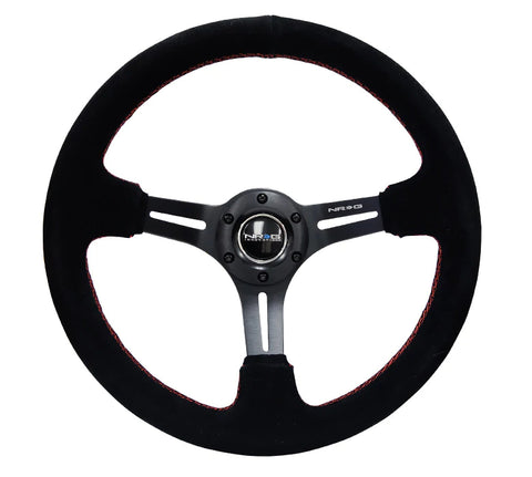 NRG Reinforced Steering Wheel (350mm / 3in. Deep) Blk Suede w/Red Stitching & 5mm Spokes w/Slits - GUMOTORSPORT