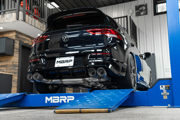 MBRP 2022 Volkswagon Golf R MK8 T304 Stainless Steel 3in Active CatBack, Quad Rear Exit- Carbon Fiber Tips