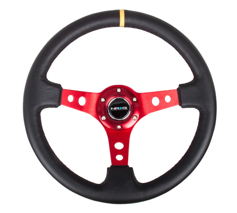 NRG Reinforced Steering Wheel (350mm / 3in. Deep) Blk Leather w/Red Spokes & Sgl Yellow Center Mark - GUMOTORSPORT