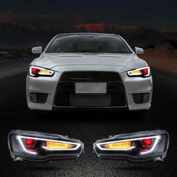 VLAND Demon Eye Headlights Compatible With Mitsubishi Lancer EVO X 2008-2018 (Dual Beam Headlight Assembly with Sequential Turn Signals),Blackout - GUMOTORSPORT