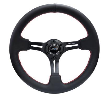 NRG RST-018R-RS: 350mm Sport Steering Wheel (3" Deep) Black Leather with Red Stitching - GUMOTORSPORT