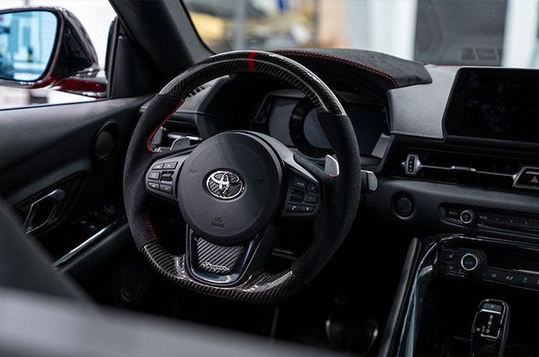 OLM Carbon Pro Steering Wheel Carbon Fiber w/ Alcantara and Red Stripe - Toyota Supra 2020+ - GUMOTORSPORT