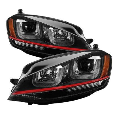 Spyder Volkswagen Golf VII 14-16 Projector Headlights DRL LED Red Stripe Blk PRO-YD-VG15-RED-DRL-BK - GUMOTORSPORT