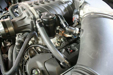 J&L 11-17 Ford Mustang GT (w/Roush/VMP Supercharger) Driver Side Oil Separator 3.0 - Black Anodized - GUMOTORSPORT